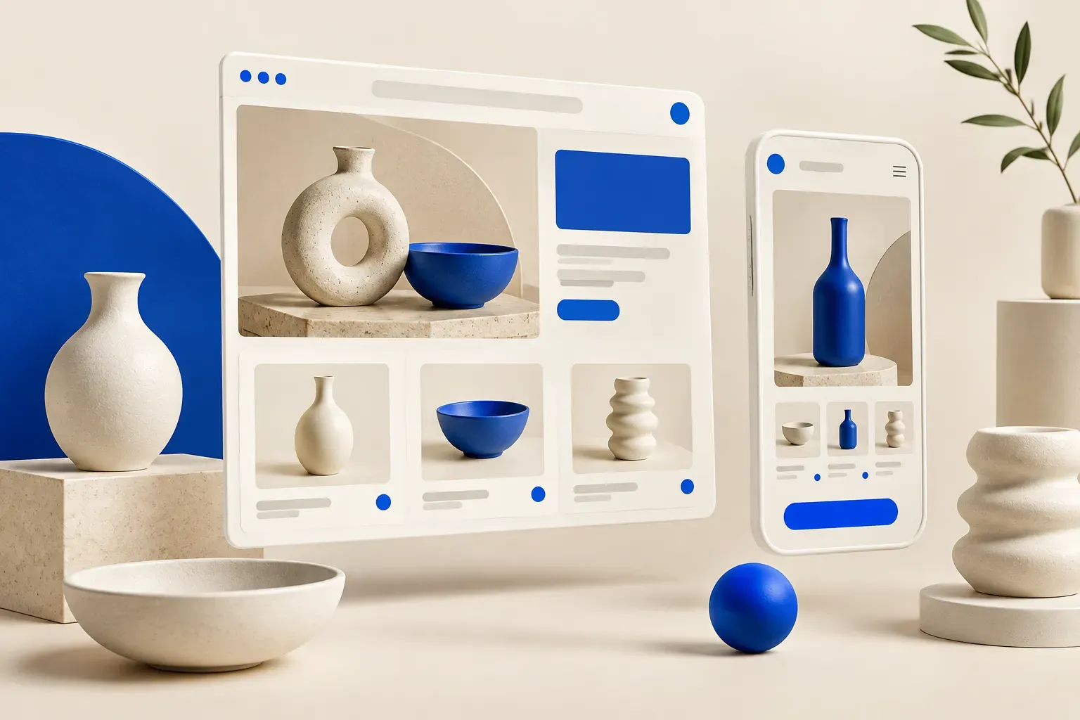 Original concept illustration of a product-focused website interface on a device