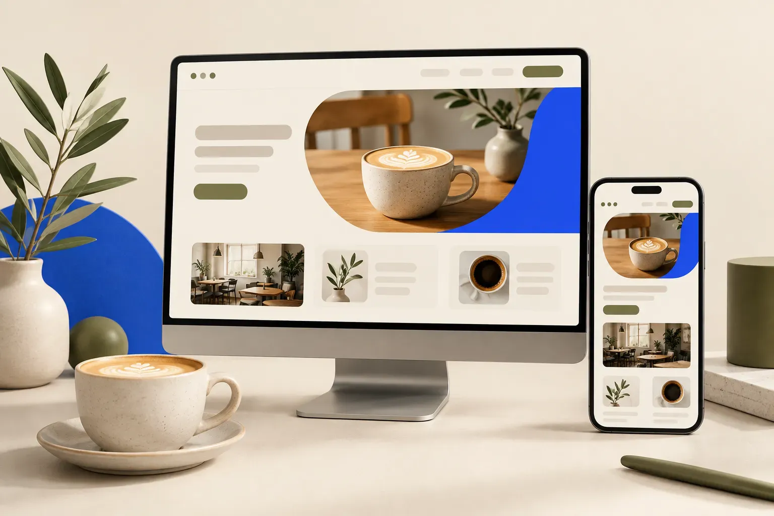 Original concept illustration of a local business website with area and contact sections
